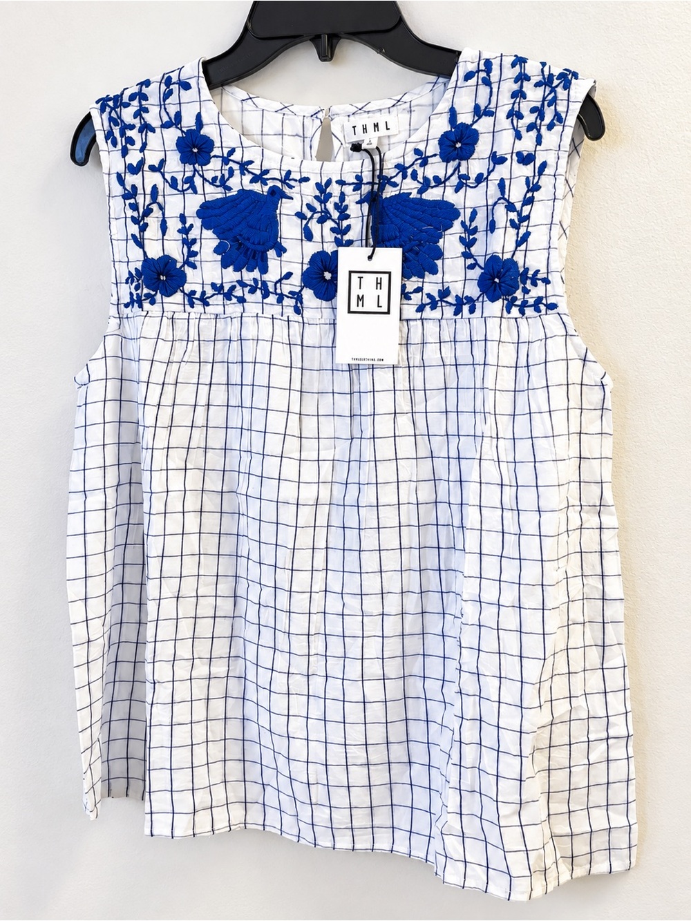 THML White & Blue Embroidered Grid Sleeveless Camisole